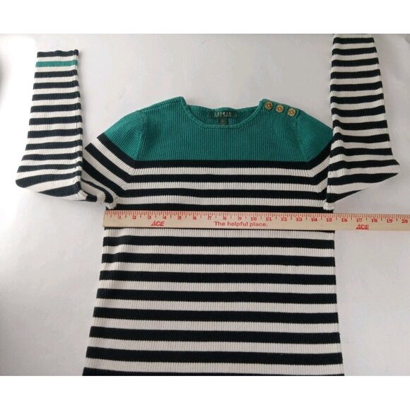 Lauren Ralph Lauren Rib Knit Sweater Womens Large Green Black Stripe Gold Button - Picture 4 of 9